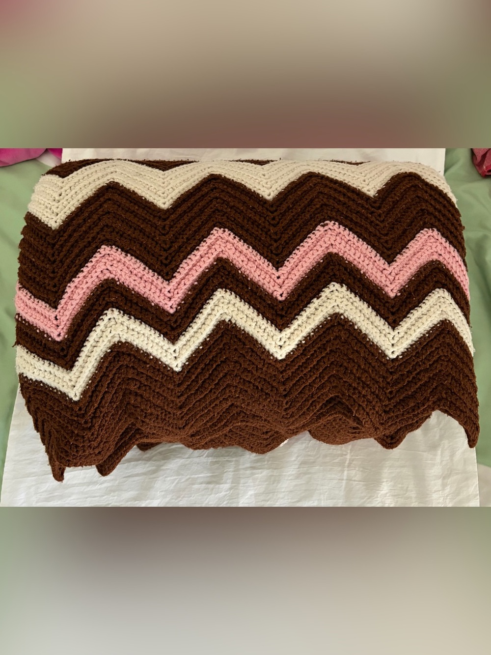 Vintage Handmade Brown White Pink Chevron Afghan 96” x 69”
